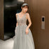 Shiny Beaded V Back Tulle Long Prom Dress , Charming Tulle Party Dresses