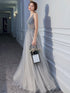 Sliver Grey Beaded Tulle V-neckline Long Evening Dress with Leg Slit, Tulle Prom Dress Party Dress