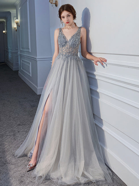 Sliver Grey Beaded Tulle V-neckline Long Evening Dress with Leg Slit, Tulle Prom Dress Party Dress
