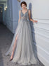 Sliver Grey Beaded Tulle V-neckline Long Evening Dress with Leg Slit, Tulle Prom Dress Party Dress