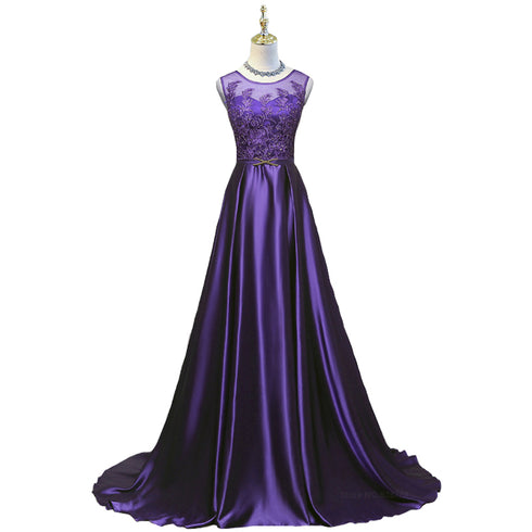 Beautiful Purple Long Round Neckline Prom Dress, Satin Wedding Party Dress