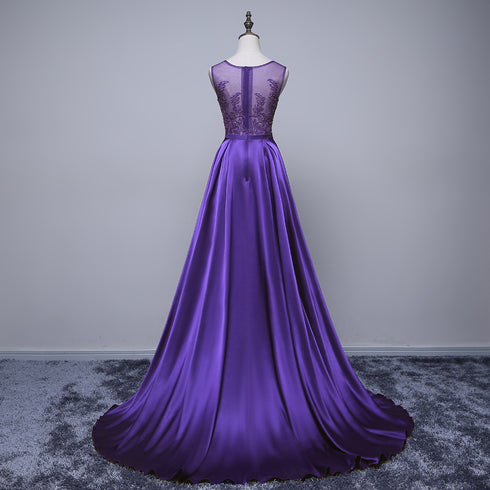 Beautiful Purple Long Round Neckline Prom Dress, Satin Wedding Party Dress