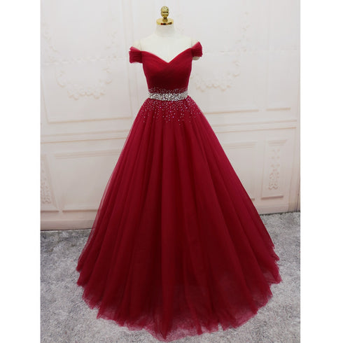 Beautiful Burgundy Long Tulle Off Shoulder Prom Dress , Junior Prom Dresses