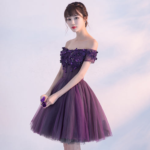 Beautiful Purple Off Shoulder Homecoming Dress , Short Prom Dress