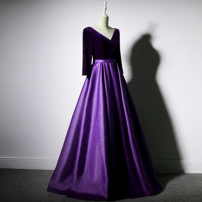 Dark Purple Long Sleeves V-neckline Velvet and satin Long Party Dress