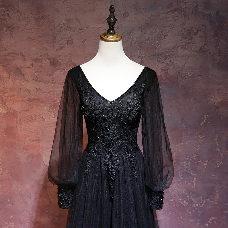 Beautiful Black Long Sleeves V-neckline Evening Dress, Black Prom Dres
