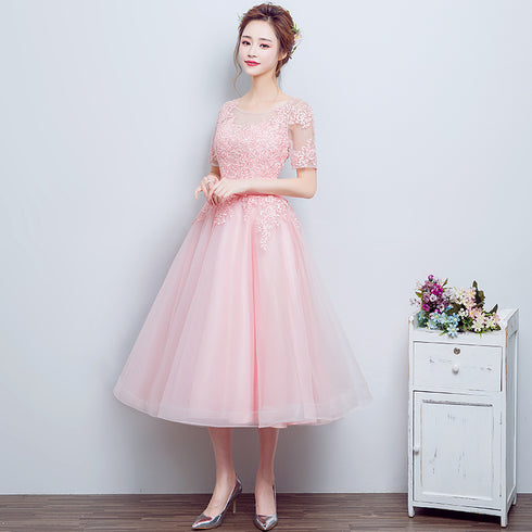 Beautiful Pink Tulle Tea Length Bridesmaid Dresses, Tulle with Lace Party Dresses