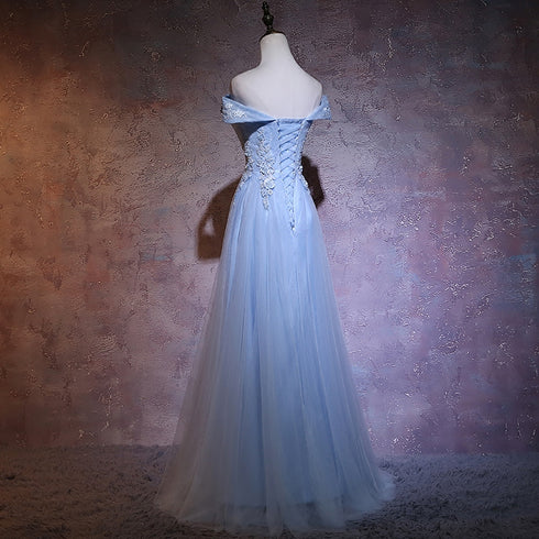 Charming Blue Elegant Tulle Party Dress with Lace Applique, Long Prom Dress