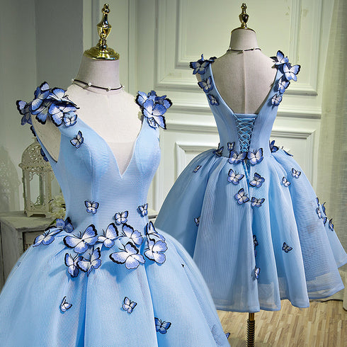 Cute Blue V-neckline Tulle Party Dress, Homecoming Dresses with Applique