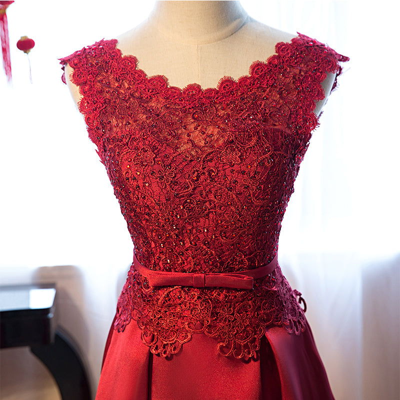Beautiful Dark Red Lace Long Junior Prom Dress, Lace Top Party Dress US Size 6 / Dark Red