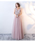 Pink Beaded V-neckline Tulle Long Party Dresses, Pink Formal Dresses Evening Dresses