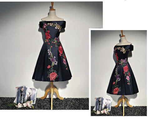 Navy Blue Satin Short Party Dress with Embroidery, Blue Off Shoulder Party Dress