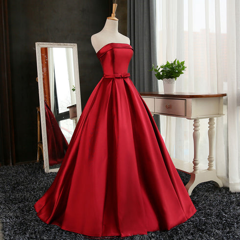 Beautiful Satin Scoop Floor Length Ball Prom Dress , Dark Red Sweet 16 Gown