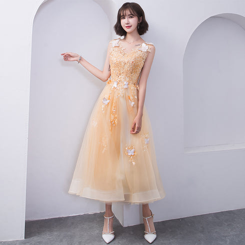 Lovely Champapgne Tulle Tea Length Party Dress with Butterfly, Cute Short Homecoming Dress