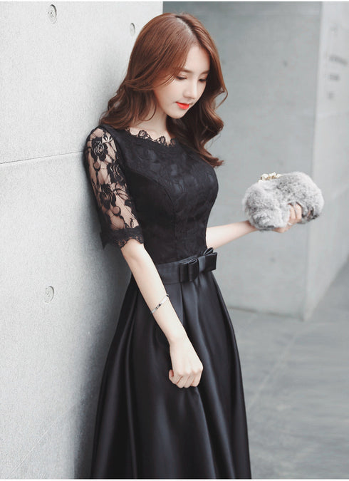 Black Satin with Lace Short Sleeves Long A-line Wedding Party Dress, Black Formal Dress