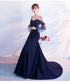 Navy Blue Mermaid V Back Puffy Sleeves Evening Dress, Blue Prom Dress Wedding Party Dress