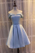 Light Blue Off Shoulder Satin Bridesmaid Dress, Blue Short Formal Dress