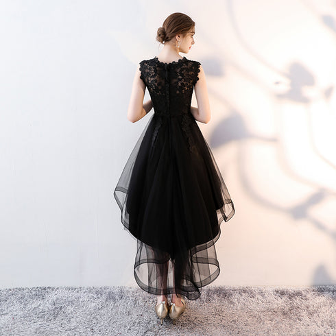 Black Tulle Round Neckline High Low Party Dress, Black Homecoming Dress