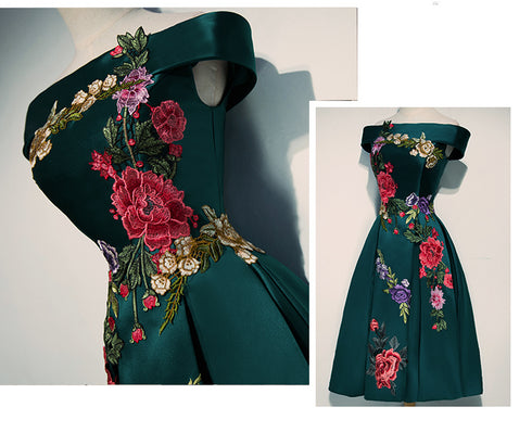 Beautiful Satin Short Flower Off Shoulder Bridesmaid Dress, Cute Homecoming Dress
