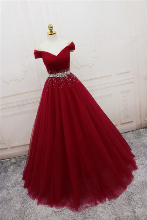 Beautiful Burgundy Long Tulle Off Shoulder Prom Dress , Junior Prom Dresses