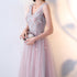 Pink Beaded V-neckline Tulle Long Party Dresses, Pink Formal Dresses Evening Dresses