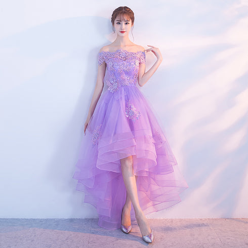 Purple High Low Off Shoulder Lace Applique Prom Dresses, Light Purple Homecoming Dresses