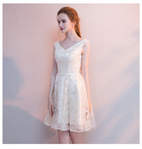 Ivory Lace Short V-neckline Lovely Homecoming Dress, Cute Short Prom Dress Party Dress