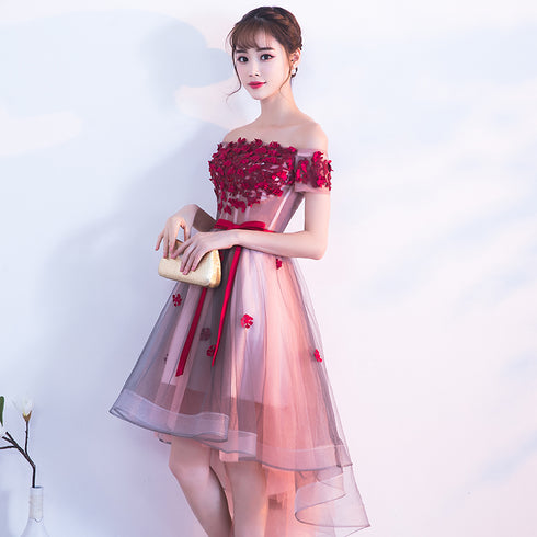 Pink High Low Tulle Party Dress with Flowers, Pink Homecoming Dresses