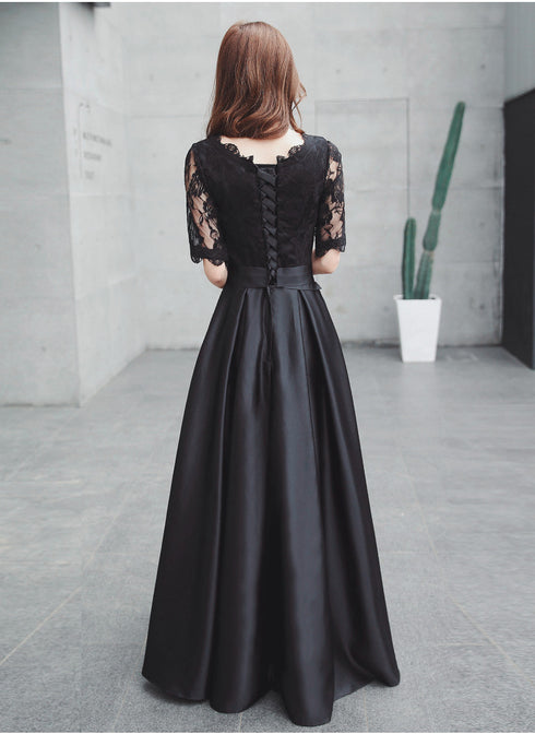 Black Satin with Lace Short Sleeves Long A-line Wedding Party Dress, Black Formal Dress