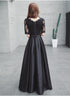Black Satin with Lace Short Sleeves Long A-line Wedding Party Dress, Black Formal Dress