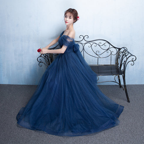 Navy Blue Off Shoulder Princess Long Party Dress, A-line Junior Prom Dress