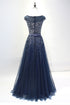 Navy Blue Shiny Sequins Round Neckline Tulle Party Dress, A-line Tulle Blue Evening Dress Prom Dress