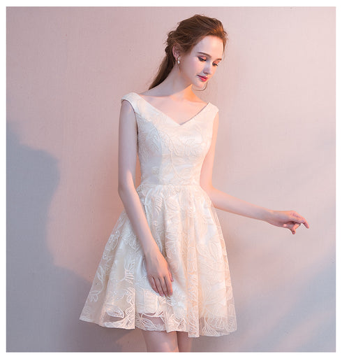 Ivory Lace Short V-neckline Lovely Homecoming Dress, Cute Short Prom Dress Party Dress