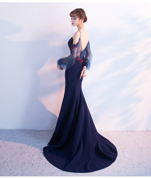 Navy Blue Mermaid V Back Puffy Sleeves Evening Dress, Blue Prom Dress Wedding Party Dress