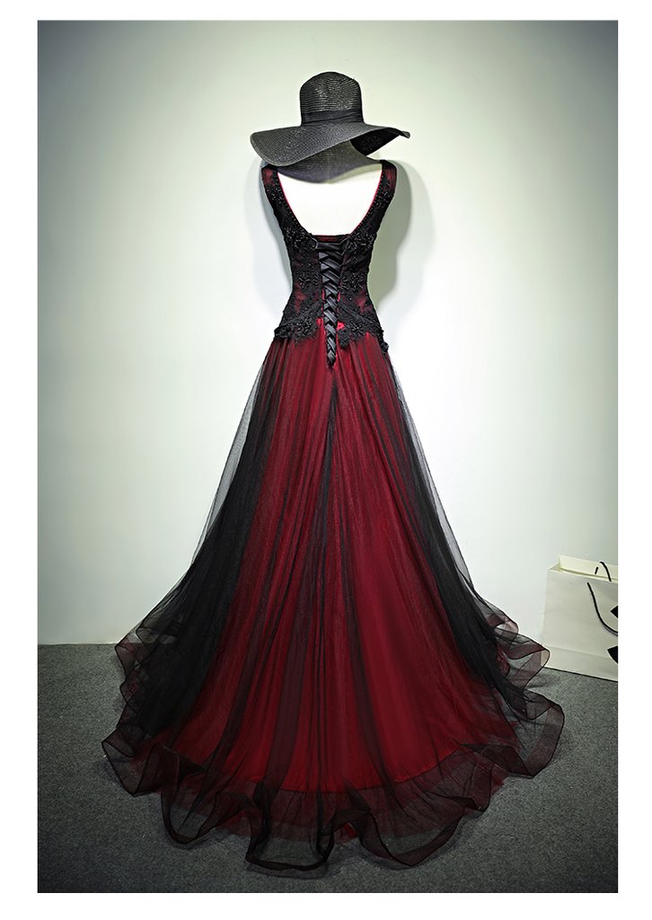 Black High Neckline A-line Tulle with Lace Applique Party Dress, Black Long Prom Dress main image 1