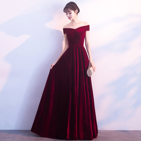 Beautiful Red Velvet Prom Dress , Long Off Shoulder Bridesmaid Dress