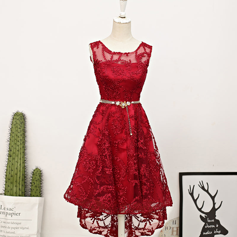 Dark Red High Low Lace Party Dress Homecoming Dress, Red Short Prom Dress US size 2