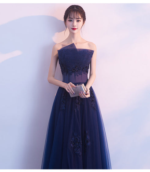 Navy Blue Tulle Long Party Dress with Lace and Beaded ,A-line Blue Prom Dress Formal Dress