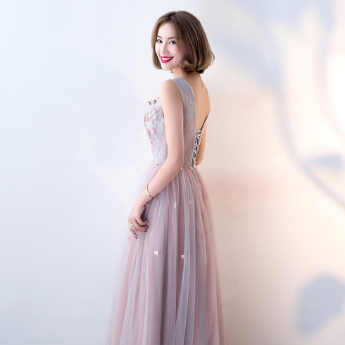 Pink Beaded V-neckline Tulle Long Party Dresses, Pink Formal Dresses Evening Dresses