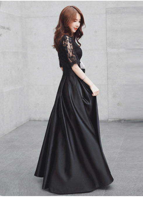 Black Satin with Lace Short Sleeves Long A-line Wedding Party Dress, Black Formal Dress