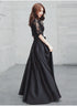 Black Satin with Lace Short Sleeves Long A-line Wedding Party Dress, Black Formal Dress