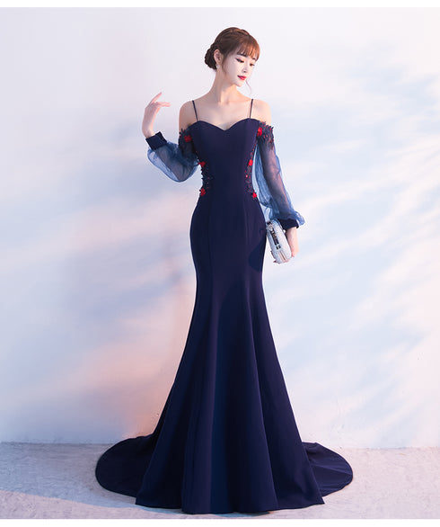 Navy Blue Mermaid V Back Puffy Sleeves Evening Dress, Blue Prom Dress Wedding Party Dress