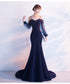 Navy Blue Mermaid V Back Puffy Sleeves Evening Dress, Blue Prom Dress Wedding Party Dress