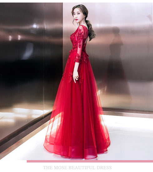 Wine Red Tulle Long Sleeves Lace Applique Party Dress, A-line Tulle Prom Dress Evening Dress