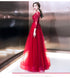 Wine Red Tulle Long Sleeves Lace Applique Party Dress, A-line Tulle Prom Dress Evening Dress