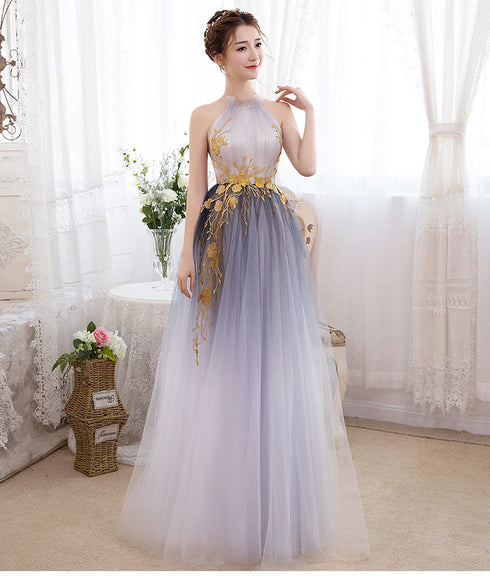 Beautiful Gradient Halter Tulle Evening Gown with Lace, Long Prom Dress