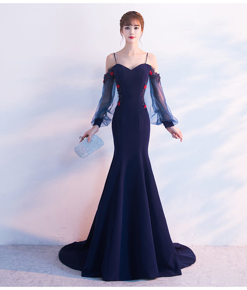 Navy Blue Mermaid V Back Puffy Sleeves Evening Dress, Blue Prom Dress Wedding Party Dress