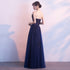Navy Blue Tulle Long Party Dress with Lace and Beaded ,A-line Blue Prom Dress Formal Dress
