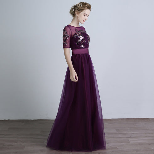 Dark Purple Short Sleeves Tulle with Sequins Applique Party Dress, Purple Long Formal Dress