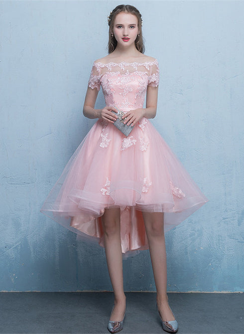 Pink Off Shoulder Tulle High Low Homecoming Dresses, Short Pink Prom Dress